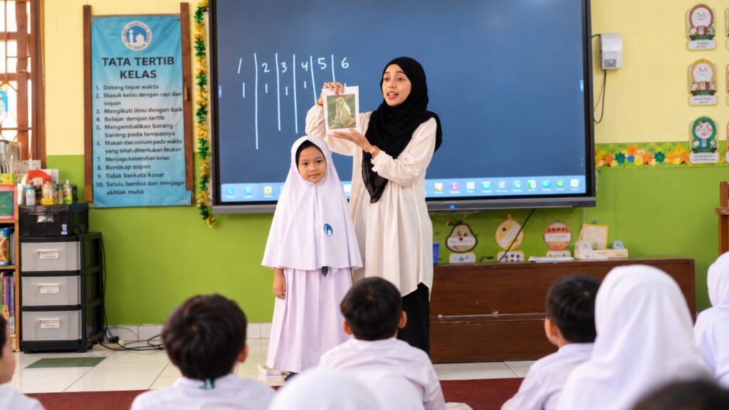 Ms. Nadra mendampingi murid SD Islam Al Azhar 17 Bintaro dalam kegiatan Native Class menggunakan media pembelajaran digital