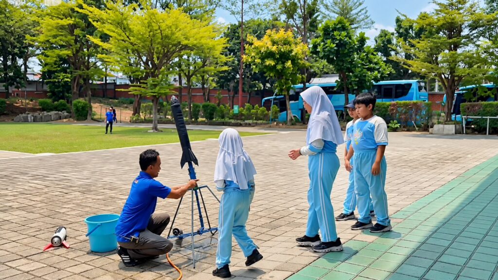 Murid SD Islam Al Azhar 17 Bintaro mengikuti eksperimen roket dalam kegiatan field trip edukatif